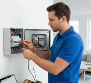 Electrician working on circuit board.