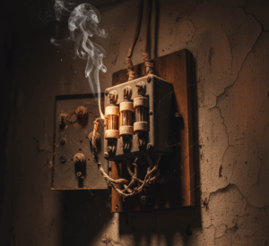 Old electrical panel with smoke rising