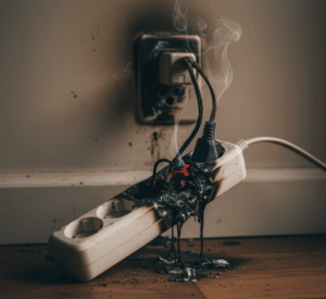 Burnt power strip with smoke rising.